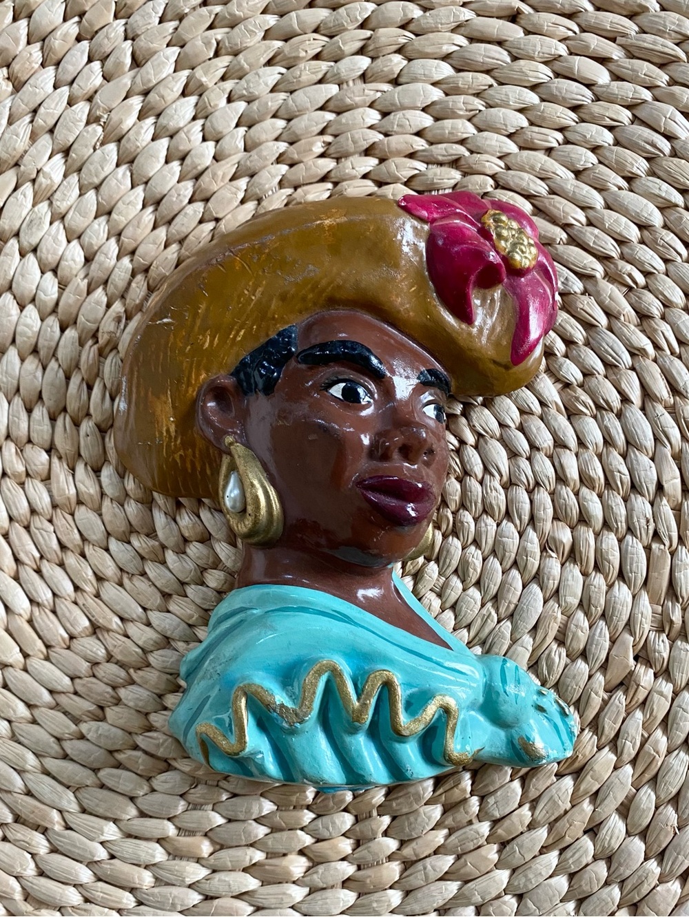 Vtg Hand-Painted Chalk-ware Woman Face Wall Plaque Plaster Bust Signed Rae 6”